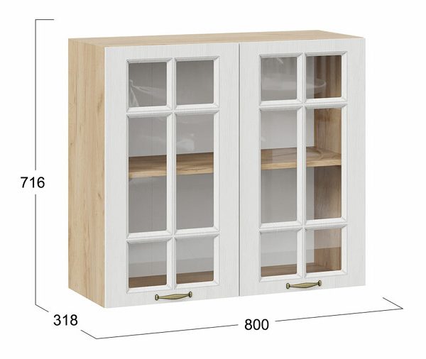 Шкаф навесной c двумя дверями со стеклом «Лина» — 1В8С Дуб Крафт золотой, Белый