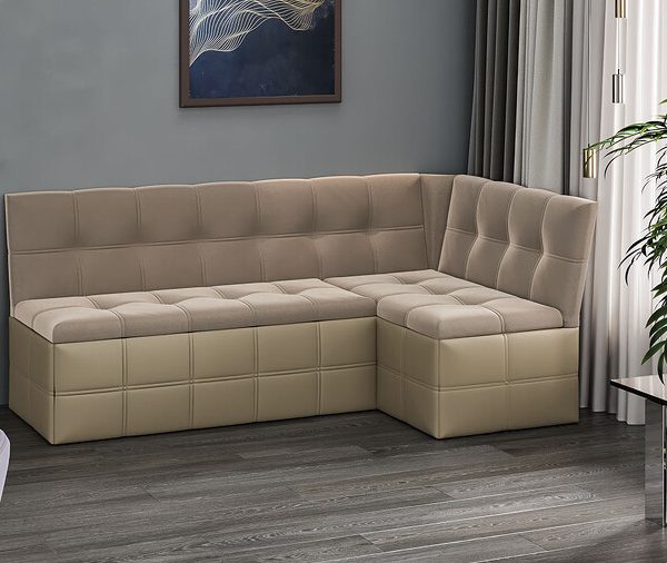 Скамья угловая «Домино» со спальным местом исп. 2 Кожзам Светло-коричневый, Велюр Мокко светлый