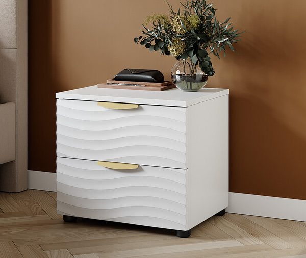 Тумба прикроватная «Тиана» с 2мя ящиками Тип 4 Белый снег, Белый матовый, Золото ручка Т5