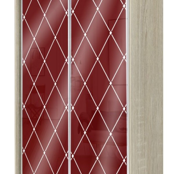 Шкаф-купе двухдверный 2200х1200х620 с цветным стеклом и пескоструйным рисунком ХИТ 22-12/2-33, Бургунд 312, ромб большой, Дуб Сонома